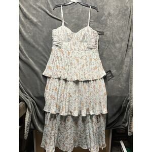 Lulus Cascading Pale Blue Floral Print Tiered Coquette Pleated Midi Dress Sz XL